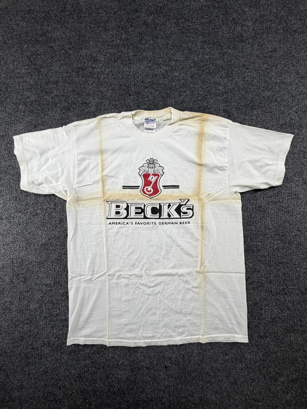 Vtg Beck's German Beer Deadstock Distressed T-Shirt Mens XL White Gildan Heavy
